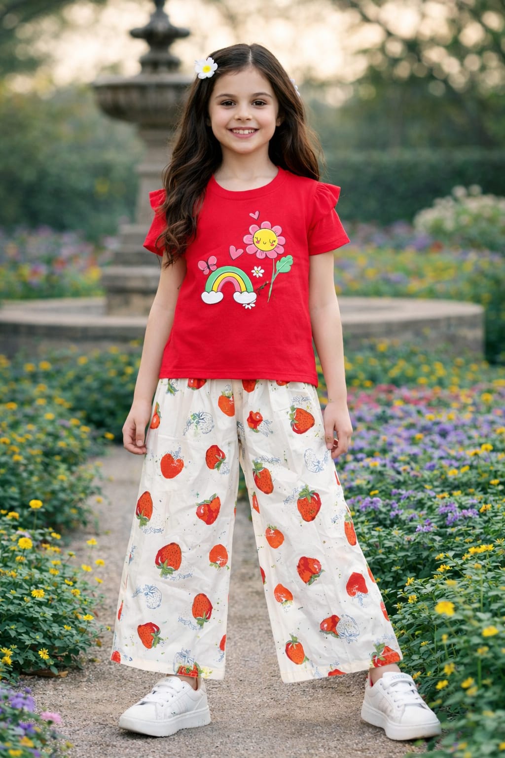Rainbow & Flowers Printed Red T-shirt Trousers