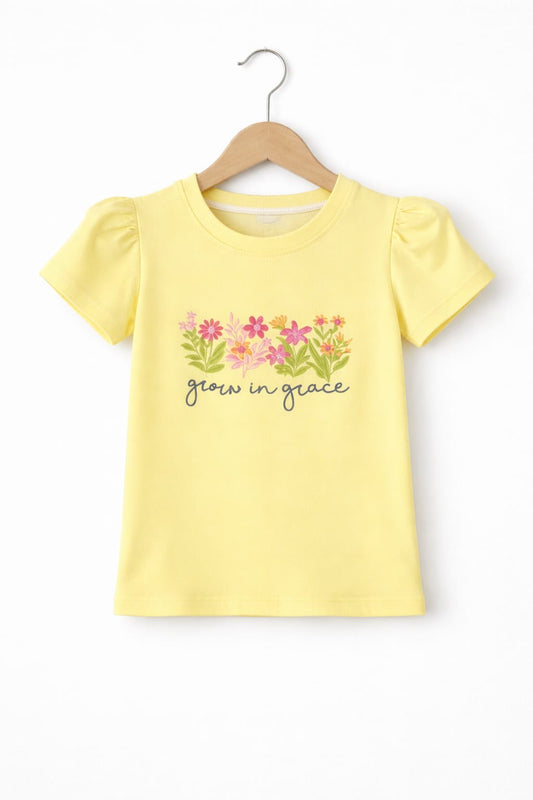Pink Orange Flowers Embraided Yellow T-Shirt Girls