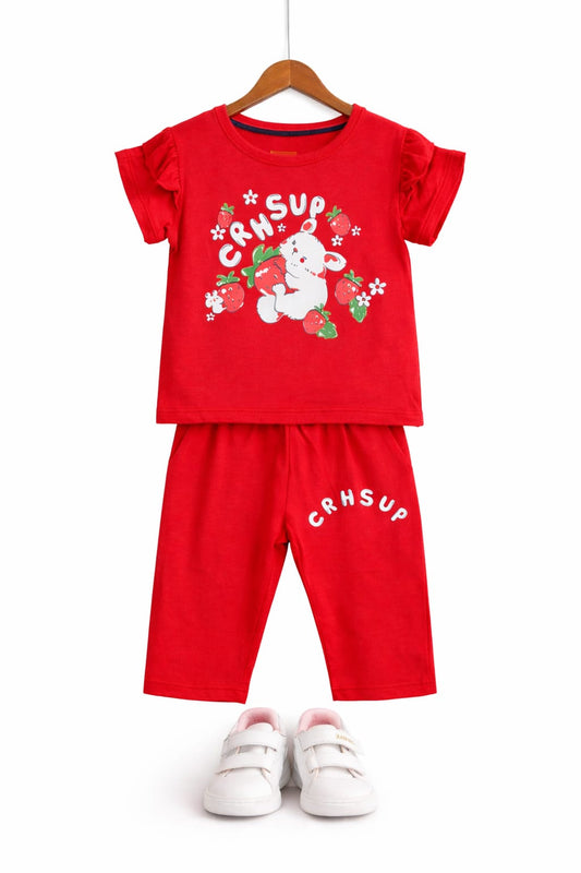 White CRNSUP Printed Red  T-Shirt &Trousers Girls