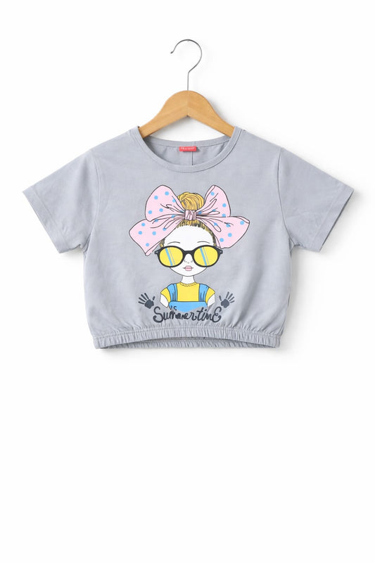 Pink Yellow Gril Printed  Grey T-Shirt Girls 285