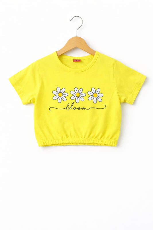 White Flowers Printed Yellow T-Shirt Girls 204
