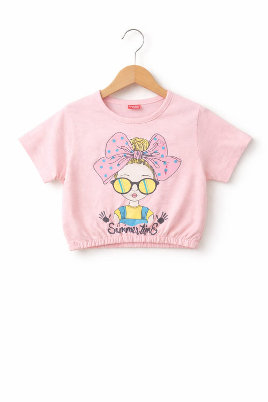 Yellow pink Girl Face Printed Peach T-Shirt Girls 225