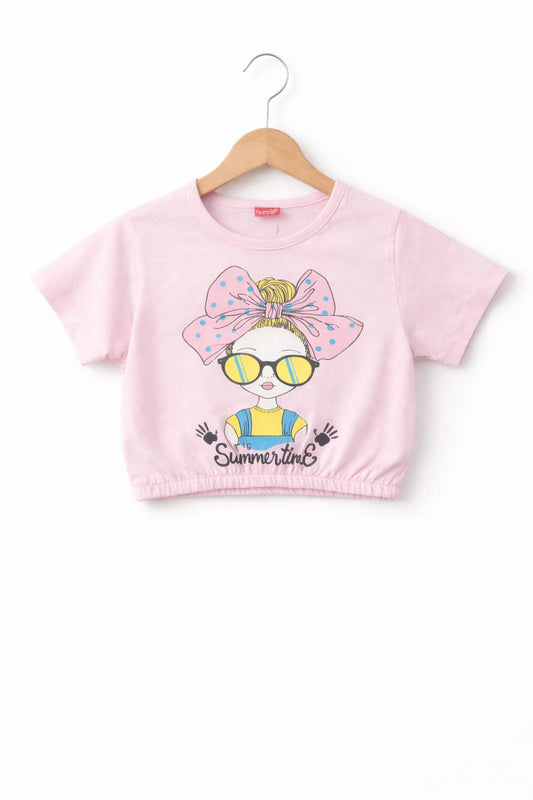 Yellow Pink Girl Face printed Pink T-Shirt Girls