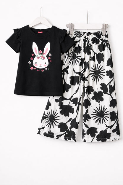 White Rabit Printed Black T-shirt Trousers
