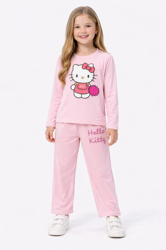 White Pink Kitty Printed  Light Pink  Plane Selves T-Shirt &Trousers Girls