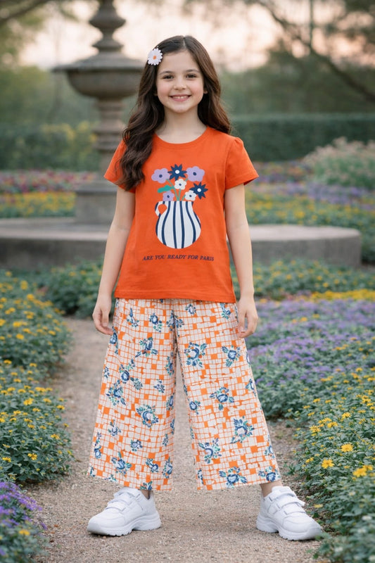 Blue Purple Flowers with Vase Printed Orange T-shirt Trousers
