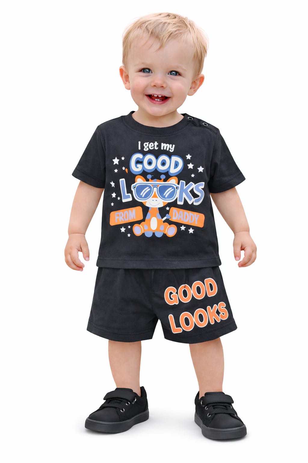 White Blue [I get my Good Look] Printed Black Nicker Suit 414