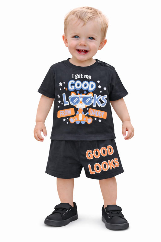 White Blue [I get my Good Look] Printed Black Nicker Suit