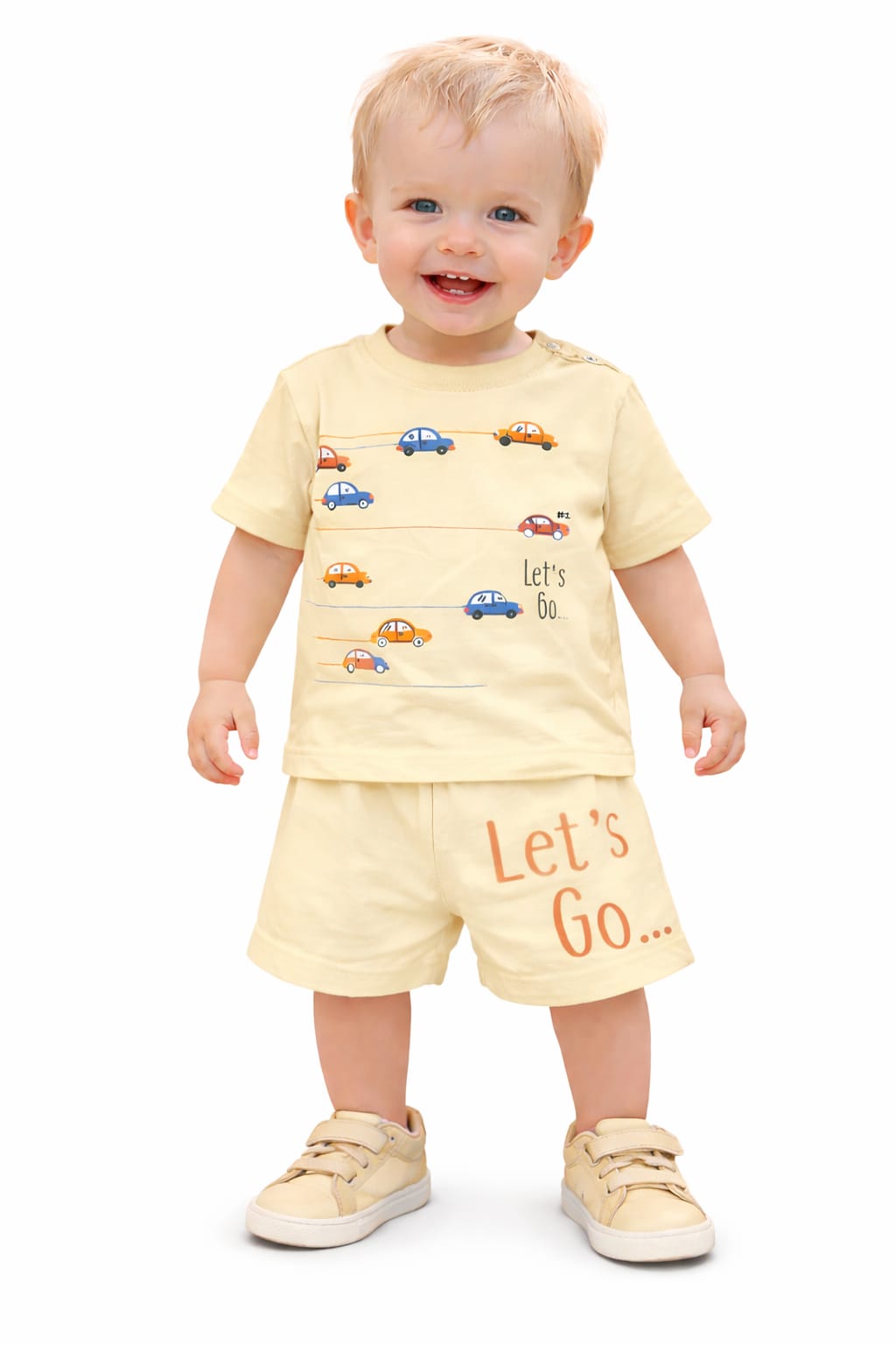 Orange Yellow & Grey Cars Printed Light Yellow Nicker Suit 414