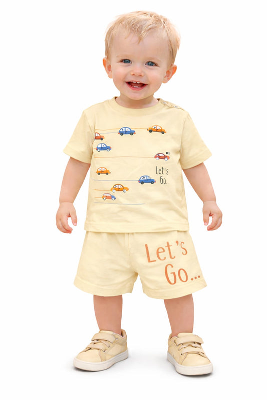 Orange Yellow & Grey Cars Printed Light Yellow Nicker Suit