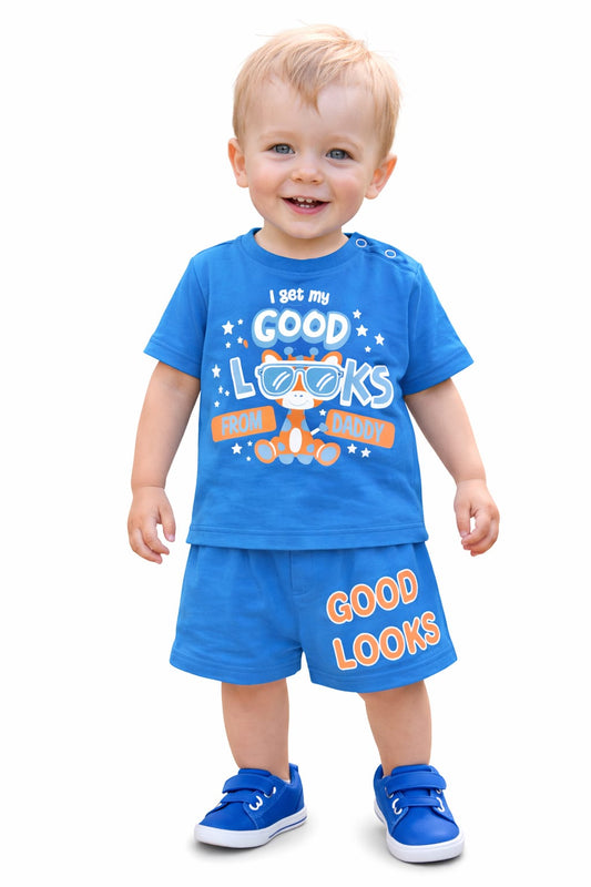 White Blue [I get my Good Look] Printed Dark Blue  Nicker Suit