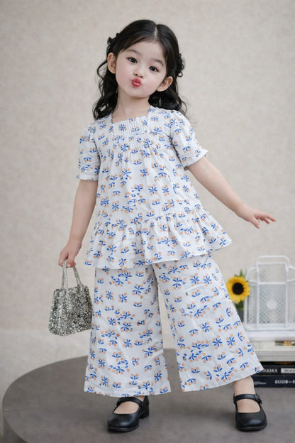 Blue Orange Flowers Printed Girls Co-Ord set 255