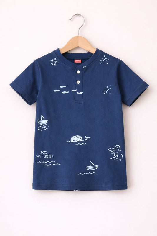 White Fish & Board Printed  Navy Polo Shirt Boys