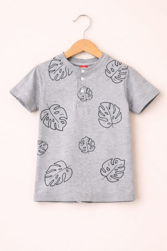 Black Leaves Printed  Grey Polo Shirt Boys