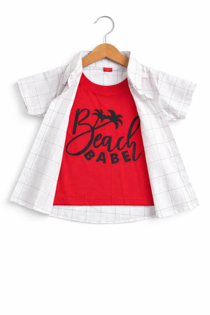 Grey Checked Beach Babe Printed White Double Casual Shirt