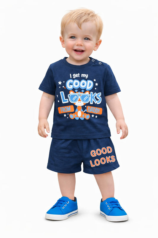 White Blue [I get my Good Look] Printed Navy Nicker Suit