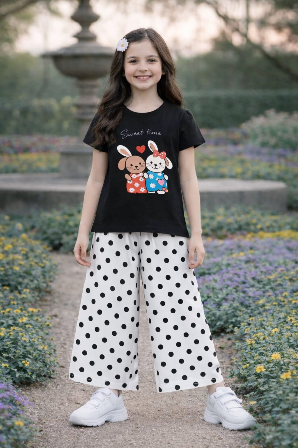 White & peace Rabits [Sweet Time ] Printed Black T-shirt Trouser