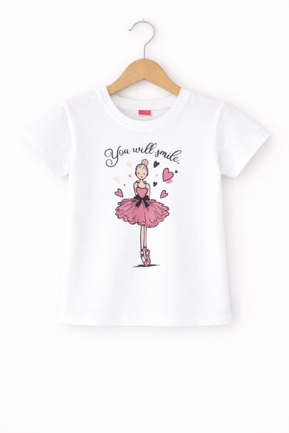 Ballerina Printed White Girls Cotton Jersey T-Shirt