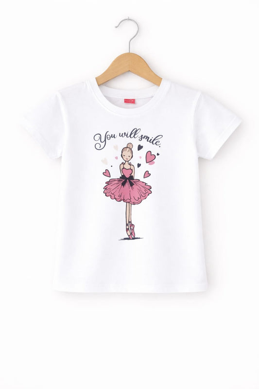 Ballerina Printed White Girls Cotton Jersey T-Shirt