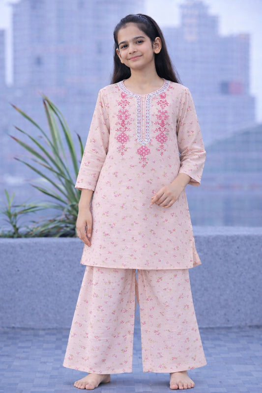 Pink Embroidered Necline peace Girls Suit