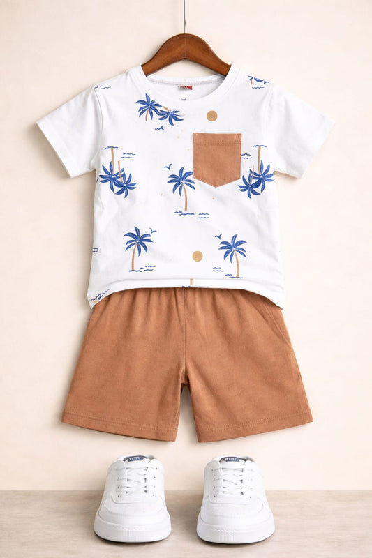 Sun Tree Printed with brown Pocket  White & Brown   T-Shirt Nicker Suit