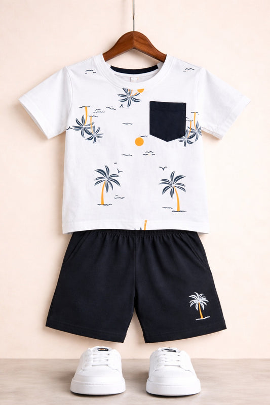 Sun Tree Printed with black Pocket  T-Shirt Nicker Suit