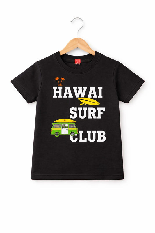 White [Hawai Surf Club] Printed Black  Boys T-Shirt
