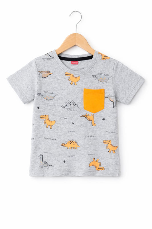 Blue Drogins Printed With Orange Pocket Grey Boys T-Shirt