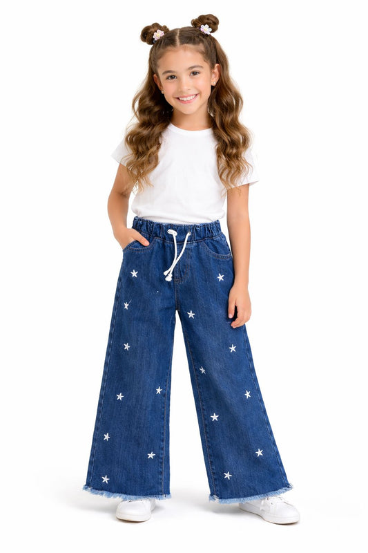 Starry Flare Girls' Jeans with Embroidered Stars - Mid  Blue