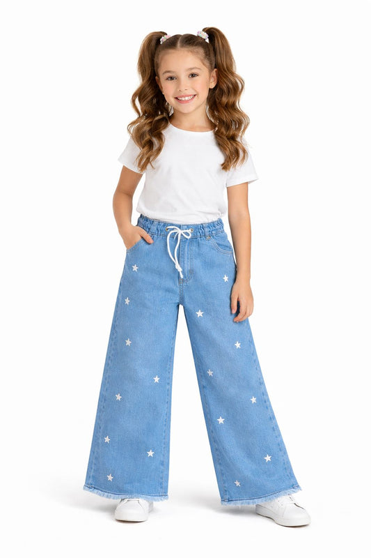 Starry Flare Girls' Jeans with Embroidered Stars - Light Blue