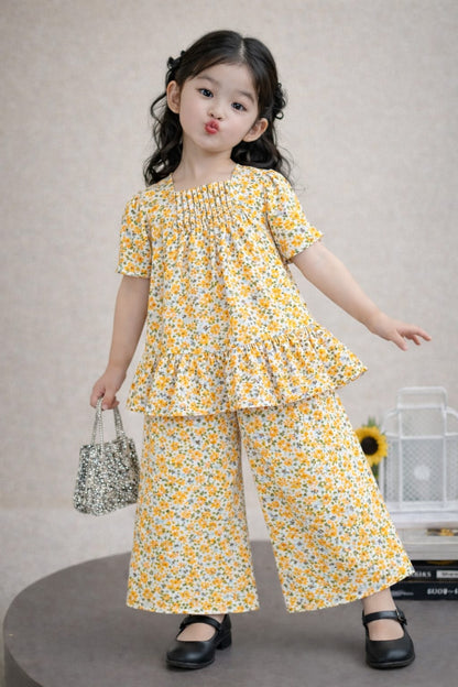 Orange Green  Flowers Printed Girls Co-Ord set 753
