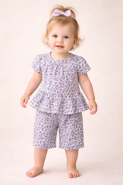 Purple Flowers Printed White New Born Girls Co-Ord set 273