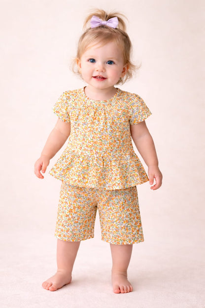 Orange Flowers Printed New Born Girls Co-Ord set 243