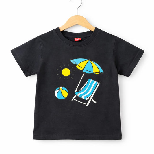 Blue & Yellow Sunny Beach Day  Printed Black Boys T-Shirt