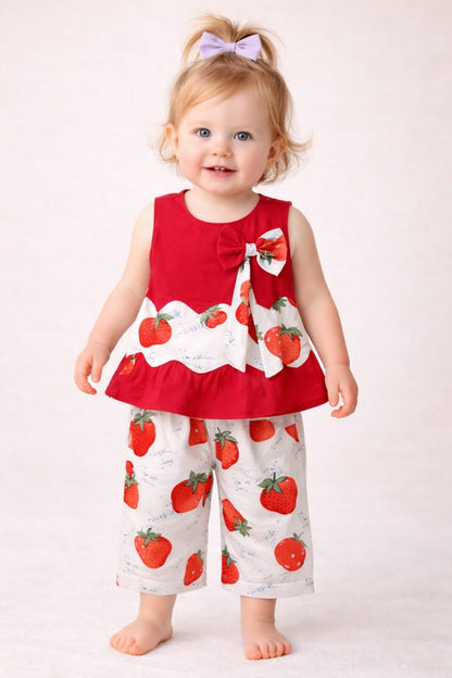Red Starwberry Printed Red & White  New Born Girls Co-Ord set