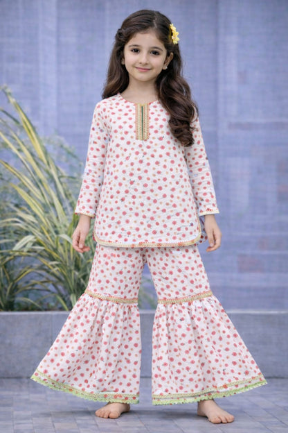 Pink Flowers Printed White Garara Suit-Cotton