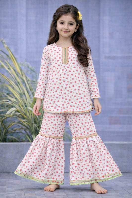 Pink Flowers Printed White Garara Suit-Cotton
