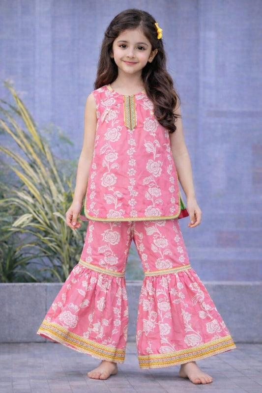White Flowers Printed Light Pink  Garara Suit-Cotton