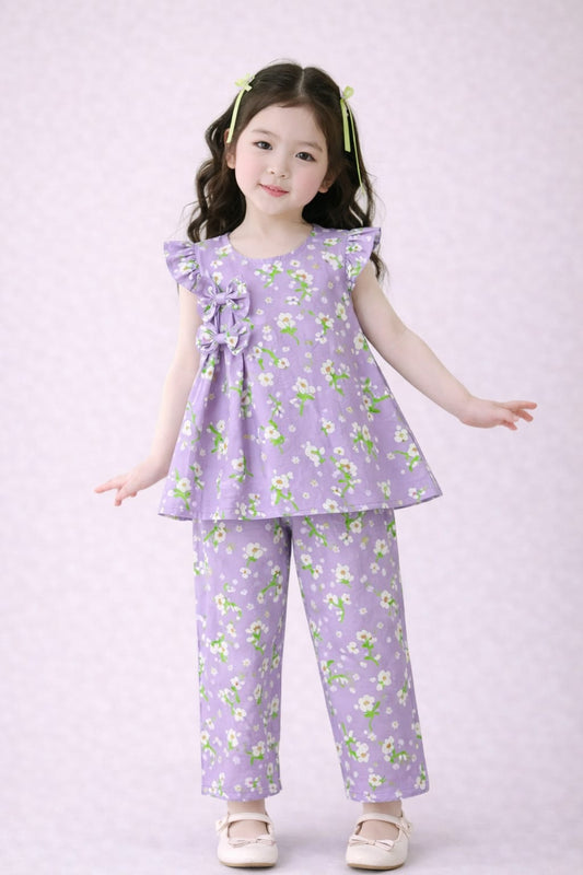 White Flowers with Green leaves  Printed Purple   Girls Co-Ord Set