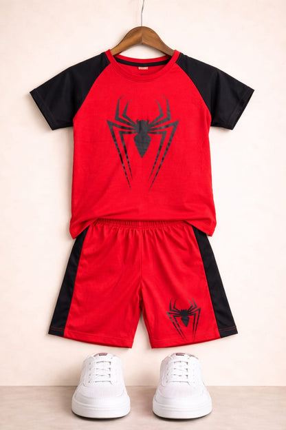 Black Spider Printed Red & Black   T-Shirt Nicker Suit 226
