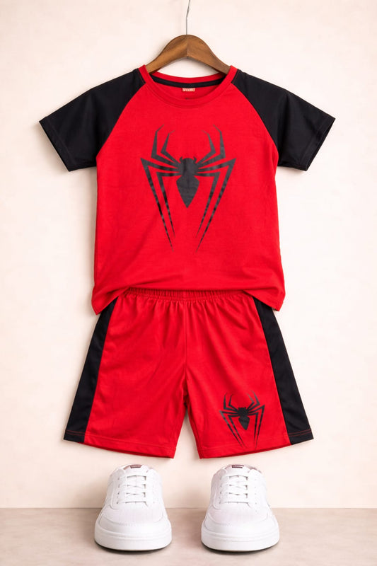 Black Spider Printed Red & Black   T-Shirt Nicker Suit 226