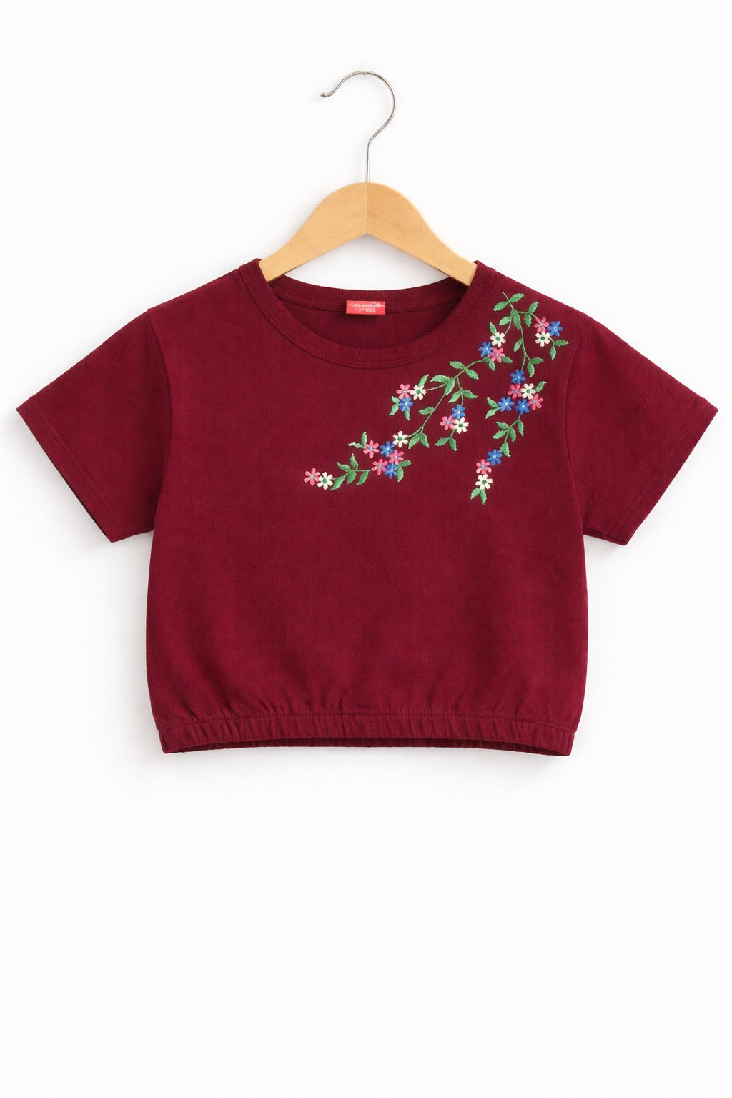Pink & Blue Flowers Embroidered  Maroon   T Shirt Girls
