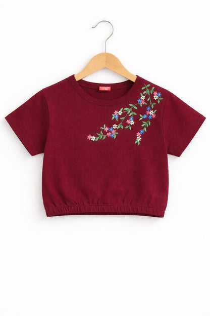 Pink & Blue Flowers Embroidered  Maroon   T Shirt Girls