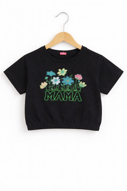 Pink & Blue [Mama] Flowers Embroidered  Black T Shirt Girls