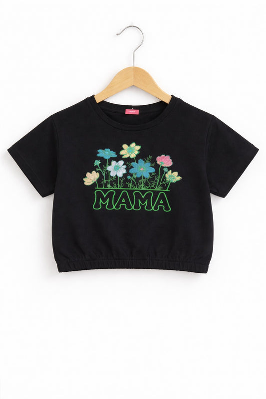 Pink & Blue [Mama] Flowers Embroidered  Black T Shirt Girls
