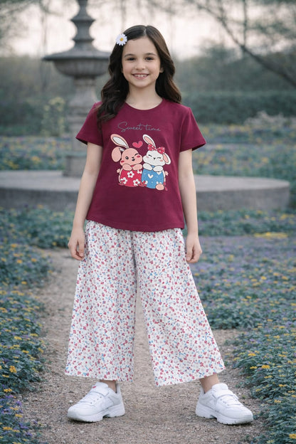 Sweet Bunny Printed Maroon  Girls T shirt &Cotton Flapper