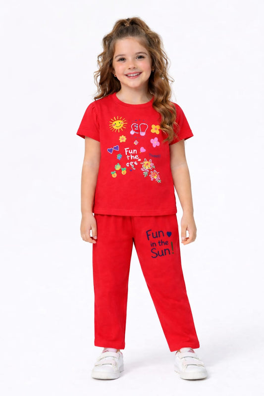 Yellow Pink Flowers Printed Red  T-Shirt &Trousers Girls
