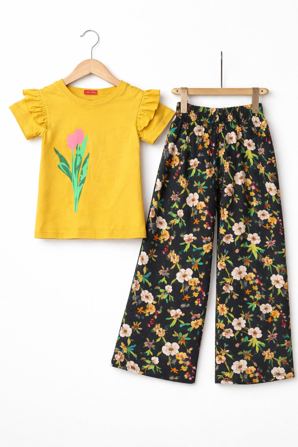 Pink Flower Printed Yellow  Girls T shirt &Cotton Flapper