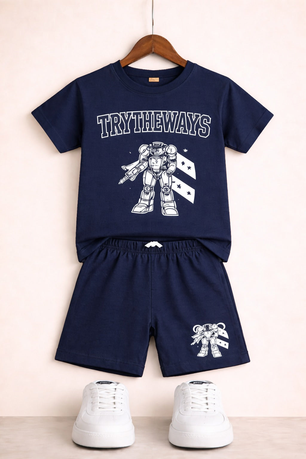 White [TRYTHEWAYS] Printed Navy  T-Shirt Nicker Suit 223
