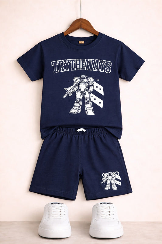 White [TRYTHEWAYS] Printed Navy  T-Shirt Nicker Suit 223